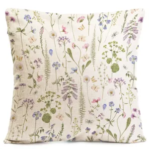 Watercolor wild flower cushion cover, linen texture pillowcase, pastoral floral decor for sofa.