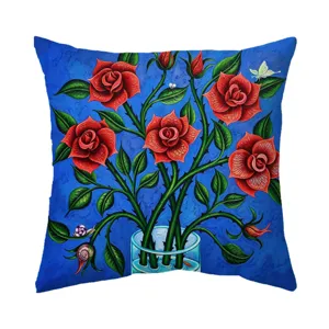 Blue background red roses oil painting cushion cover square throw pillow case for decor