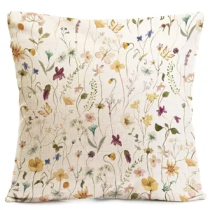 Watercolor wildflower throw pillow cover, pastoral floral linen cushion for sofa bed.