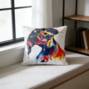 Watercolor dachshund dog throw pillow detail view, artistic home decor cushion for sofa bed.