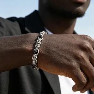 Men Stainless Steel Cuban Link Bracelet Black Agate Beaded Chain Punk Hip Hop Wristband Fashion Jewelry Gift Idea