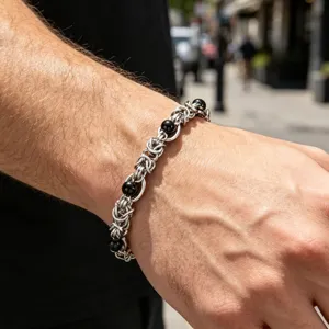 Men's stainless steel Byzantine chain bracelet with black onyx beads punk style jewelry