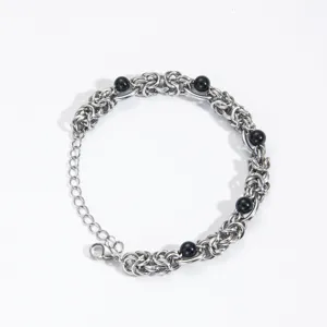 Men stainless steel woven chain bracelet with black agate beads punk hip hop jewelry style