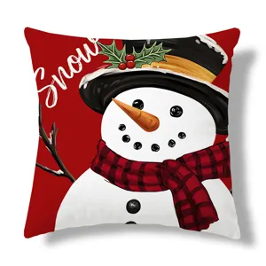 Funda de cojin muneco de nieve navidad detalle sombrero copa y bufanda cuadros rojos.