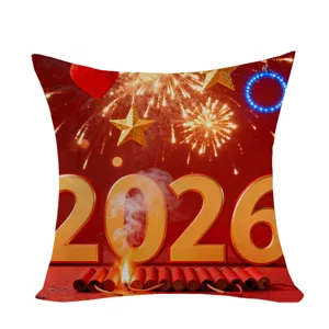 2026 Neujahr roter Kissenbezug, festliches Feuerwerk und Böller Muster Sofakissen.