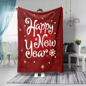 Manta de franela roja con texto Feliz Año Nuevo y copos de nieve para el hogar.