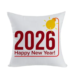2026 New Year white pillow cover with festive typography and bulb design for home sofa decor.