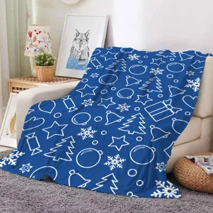 Blue Christmas fleece blanket with white snowflakes trees stars cozy holiday sofa throw decor