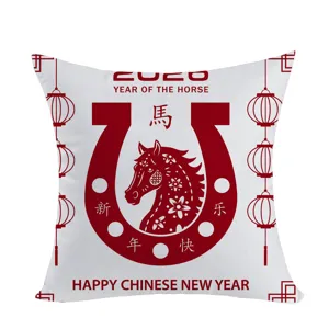 Detailed view of Chinese New Year horse theme decorative pillow cover, festive red and white design.