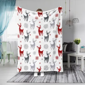 Christmas flannel blanket red grey reindeer snowflake pattern warm cozy soft throw blanket for bed