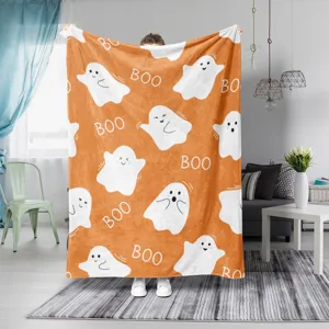 Ζεστή φλανελένια κουβέρτα Halloween πορτοκαλί χαριτωμένο φάντασμα μαλακό ριχτάρι καναπέ