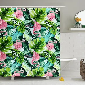 Waterproof shower curtain featuring tropical flamingo and leaf digital print for bathroom decor