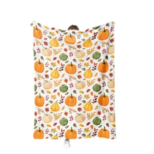 Gemütliche Herbst Kürbis Flanell Decke, weiche Vintage Erntedank Bettwäsche für alle Jahreszeiten.
