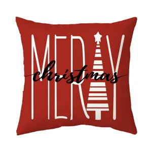 Red Christmas throw pillow cover with white MERRY lettering and festive tree design for sofa.