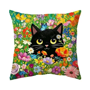 Fundas de cojín gato negro pintura al aceite floral vista detalle, decoración artística.