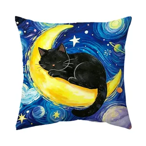 Funda de cojín de gato negro con pintura al óleo, funda de almohada luna noche estrellada