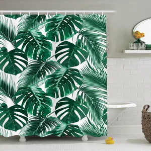 Tropical plant waterproof shower curtain with monstera leaves pattern for bathroom decor.
