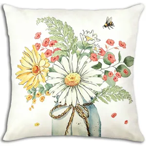 Funda de cojín de margarita y abeja en acuarela, funda de almohada floral decorativa.