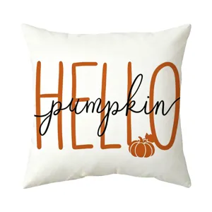 Detail view of the autumn pumpkin print throw pillow cover, featuring cute typography for home decors.