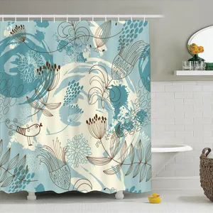 Blauwe botanische douchegordijn detail met artistieke bloemenschets voor badkamer.
