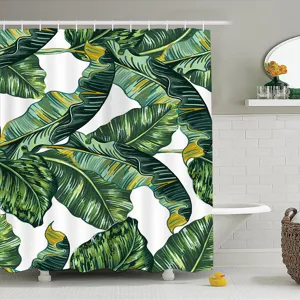 Tropical plant waterproof shower curtain with green banana leaf print for modern bathroom decor
