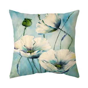Fodera per cuscino da divano con fiori blu dipinti a olio retro, elegante cuscino decorativo.