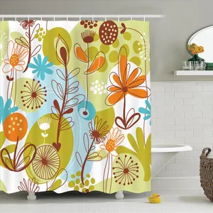 Fris abstract bloemenprint douchegordijn detail, retro botanisch ontwerp voor badkamer.