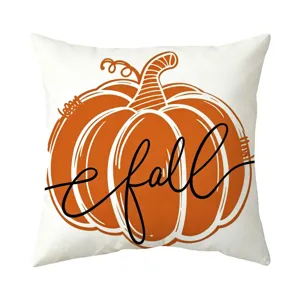 Pumpkin fall print throw pillow cover detail, cozy autumn home decor cushion case 18x18.