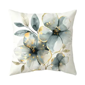 Watercolor blue flower throw pillow cover with elegant gold foil accents for home decor.