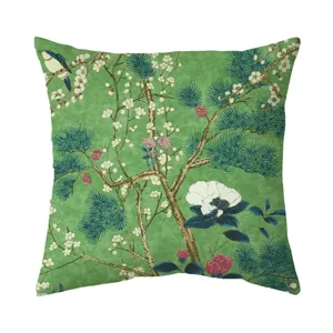 Details of the green Chinese style botanical bird and pine tree print decorative throw pillow cover.