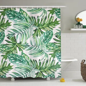Tropical botanical waterproof shower curtain with green leaf digital print for bathroom decor.