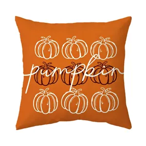 Pumpkin pattern detail view of the autumn throw pillow cover, vibrant orange fabric design.
