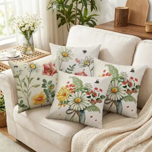 Margarita Abeja Acuarela Floral Funda de Almohada Estilo Campestre Americano Funda de Cojín de Sofá Decorativa Textil para Hogar