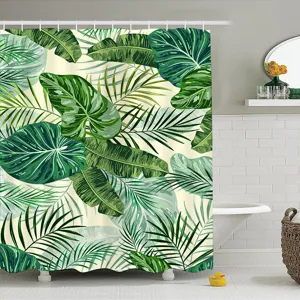 Tropical plant waterproof shower curtain with green palm leaves digital print bathroom decor