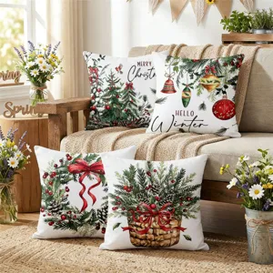 Federa per Cuscino Albero di Natale Bacche Rosse Fiocco Vacanze Casa Divano Copricuscino Quadrato Decorativo Senza Anima Interna