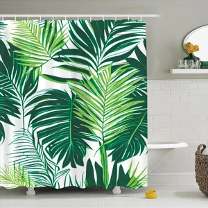 Tropical plant waterproof shower curtain detail view, lush green palm leaf digital print design.
