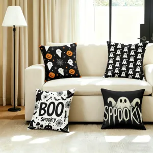 Halloween Kissenbezüge 4er Set mit Geist, Kürbis und Spinne Mustern für Wohnzimmer Deko.