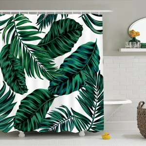 Tropical green leaf shower curtain detail, waterproof fabric print, modern bathroom decor.