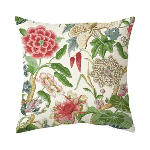 Close-up detail of the elegant Chinese style botanical bird print cushion cover fabric.