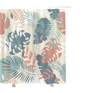 Douchegordijn met botanische tropische bladafdruk, waterdichte stof voor badkamerdecor.