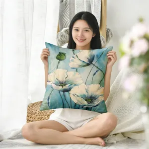 Fodera per cuscino da divano floreale blu con design in stile pittura a olio per il soggiorno.