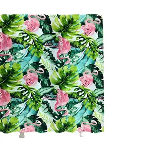Waterproof tropical plant flamingo shower curtain with vibrant digital print for bathroom decor.