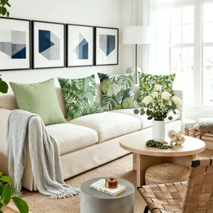 Housse de coussin tropicale verte style nordique feuille plante geometrique decoration