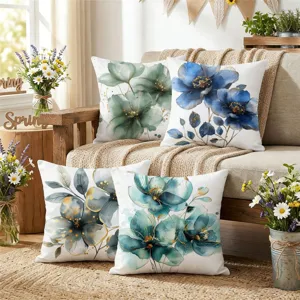 Watercolor floral throw pillow covers set, stylish blue and green botanical cushion cases for sofa.