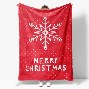 Red Christmas flannel blanket with white snowflake and holiday letter print, cozy soft home decor sofa throw.