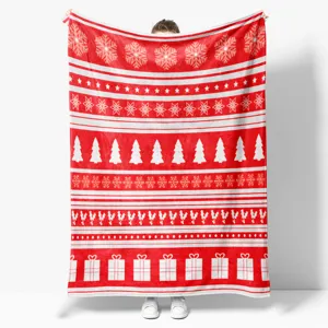 Red Christmas flannel blanket, holiday throw blanket for sofa, cozy winter home textile.