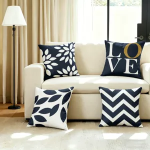 Housse de Coussin Décorative Moderne Bleu Marine Et Blanc Motif Géométrique Floral Style Nordique Housse de Coussin Carrée Pour La Maison