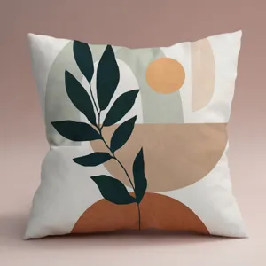 Gros plan de la housse de coussin à imprimé de feuilles géométriques Morandi pour canapé.