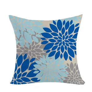 Blue dahlia print throw pillow cover detail, modern bohemian decorative cushion case.