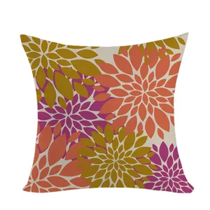 Detail view of the bohemian style dahlia abstract floral pattern printed cushion cover close up